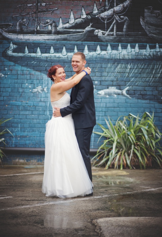 Nicola & Richards Wedding day at The Dunedin Club, Dunedin, NZ. Using the awesome graffiti in the city.