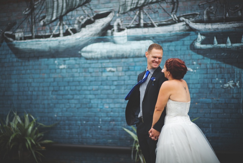Nicola & Richards Wedding day at The Dunedin Club, Dunedin, NZ. Using the awesome graffiti in the city.